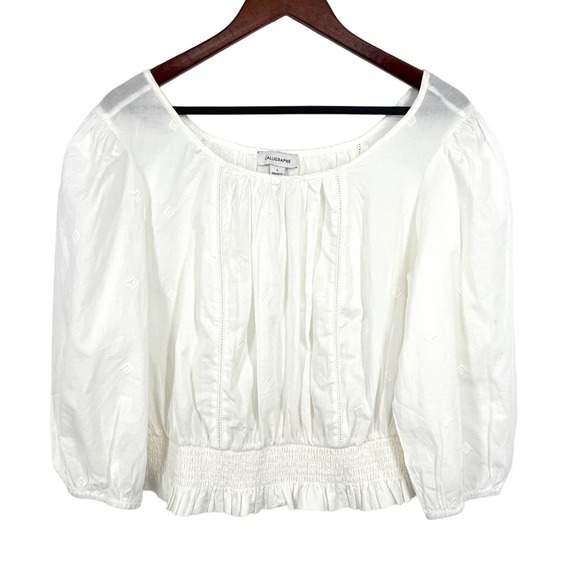 calligraphie Tops - Calligraphie Womens Size Large White Puff Sleeve Crop Top Blouse Shirt Top